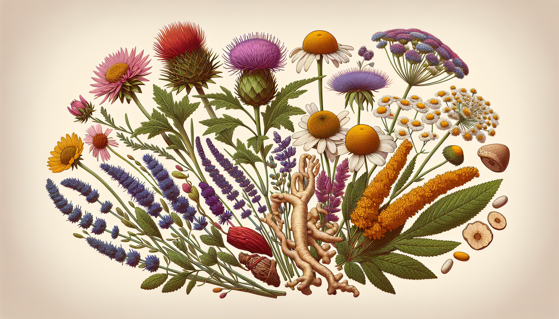 Various herbs used in herbal remedies including milk thistle