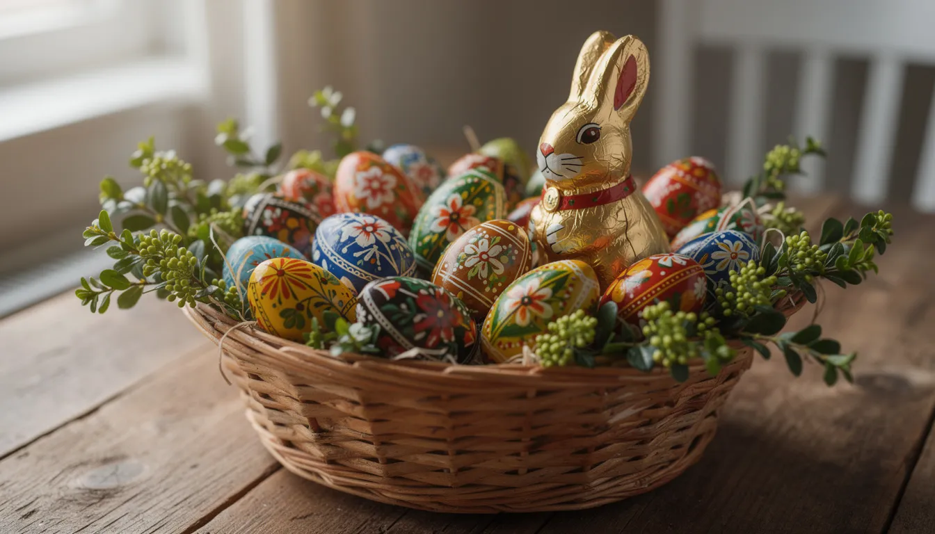 Na drewnianym stole znajduje się kolorowy koszyk wielkanocny, wypełniony pisankami, czekoladowym zajączkiem oraz gałązkami bukszpanu, tworzącym świąteczny klimat idealny na Wielkanoc. Koszyk stanowi doskonały prezent lub słodki upominek dla bliskiej osoby w czasie świąt wielkanocnych.