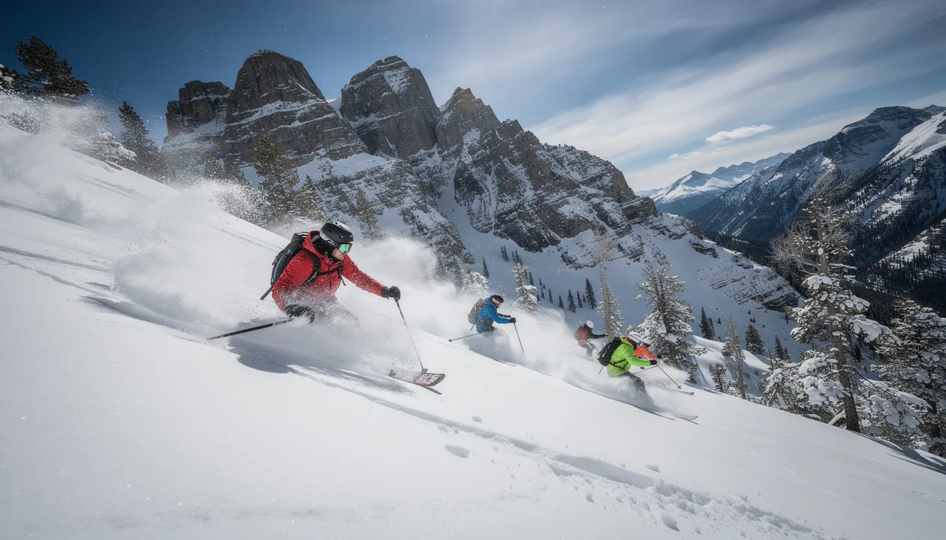 Skiers expertly carving through deep powder on steep terrain in Little Cottonwood Canyon, with a dramatic mountain backdrop showcasing the beauty of Utah's ski resorts. This image captures the thrill of winter activities in one of the best ski areas, perfect for a ski vacation near Salt Lake City.