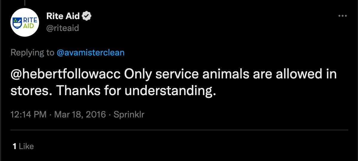 Screenshot of a Twitter response from Rite Aid outlining the pet policy of the chain. 