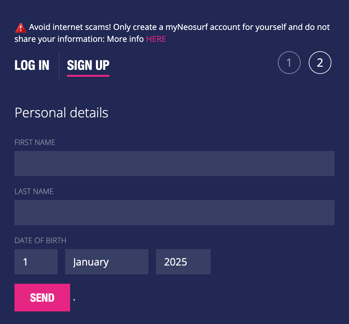 Neosurf Sign-Up Form - Page 2
