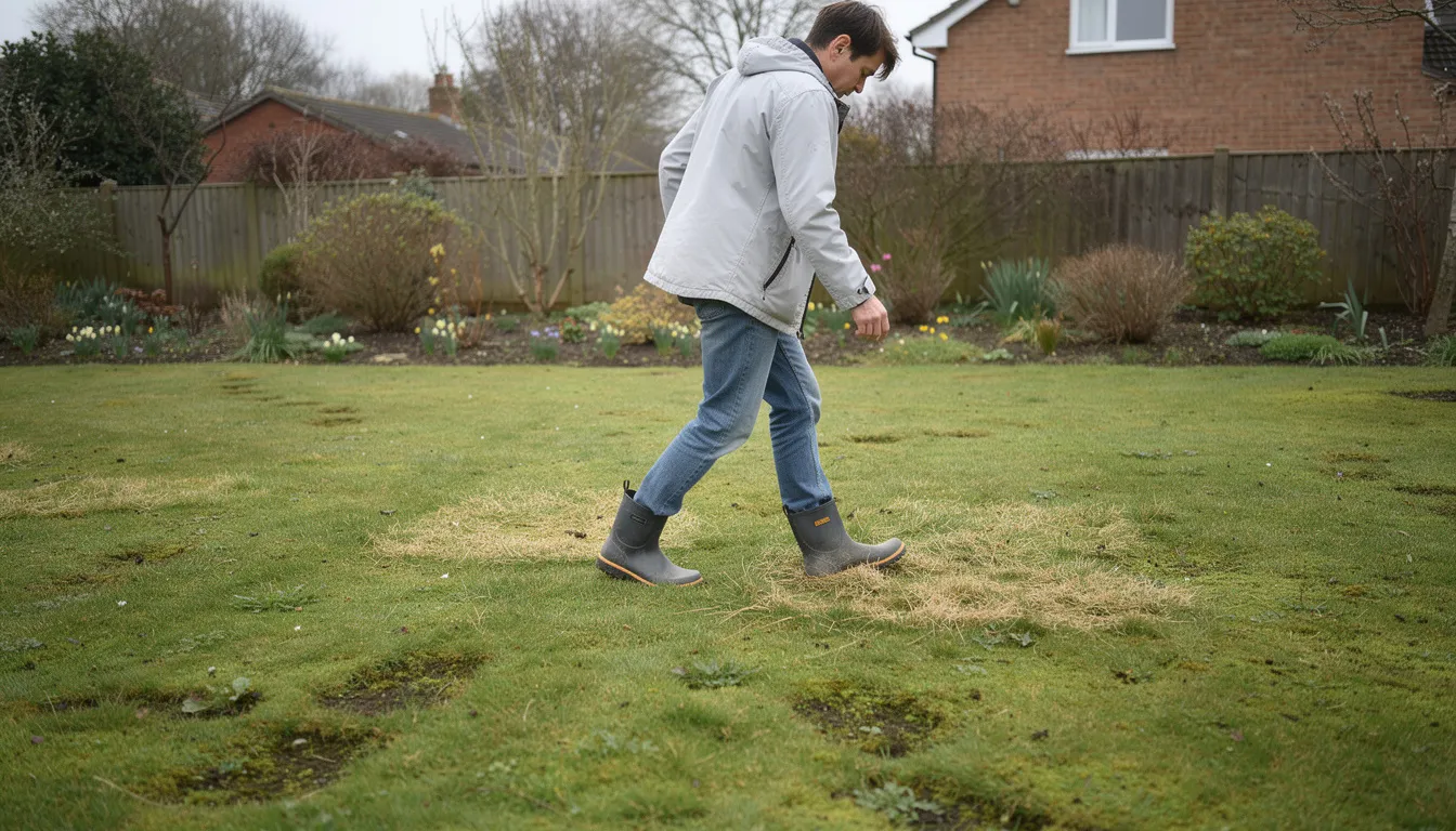 A person is walking across a lush green lawn in a UK garden during early spring, inspecting the grass condition for signs of healthy growth, bare patches, and potential lawn weeds. This moment captures the essence of spring lawn maintenance, as the individual assesses the need for lawn feed and prepares for the upcoming season.