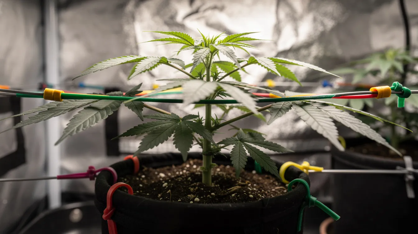 The image depicts a healthy cannabis plant undergoing low-stress training, with ties strategically holding its branches in a horizontal position to promote even growth. This technique is beneficial for growing cannabis indoors, as it helps maximize light exposure and encourages the development of robust cannabis buds during the flowering stage.