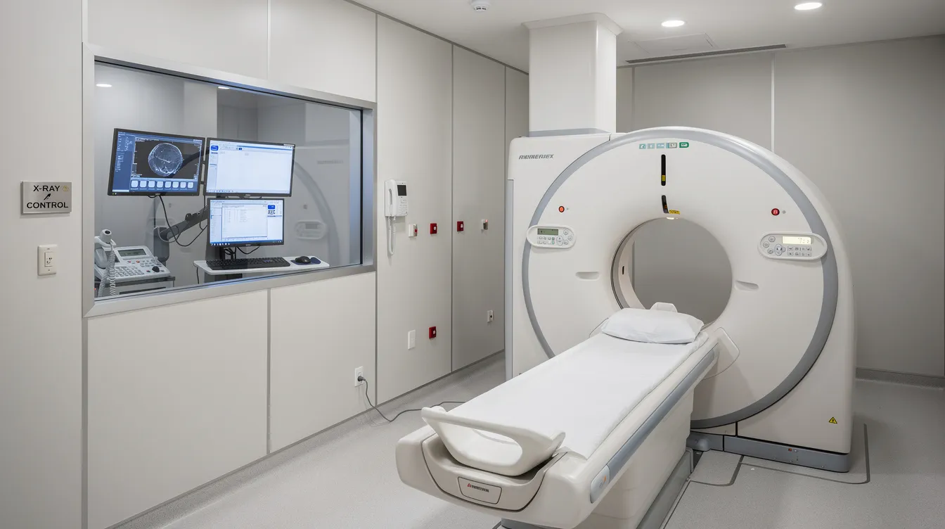 9014e2e9 7fab 4278 8046 1c3682c31e9e The image shows a CT scan machine installed in a shielded radiology room, with an operator console visible through a lead glass window, highlighting the critical medical equipment used for diagnostic purposes. The setup ensures patient safety and efficient operation within a secure environment.