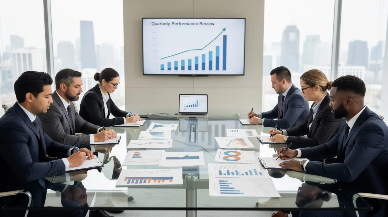 The image depicts a professional business meeting where several individuals are gathered around a conference table, actively reviewing charts and documents. This scene highlights the importance of financial planning and wealth management for business owners as they discuss strategies for managing personal and business assets, cash flow, and tax planning to ensure a successful financial future.