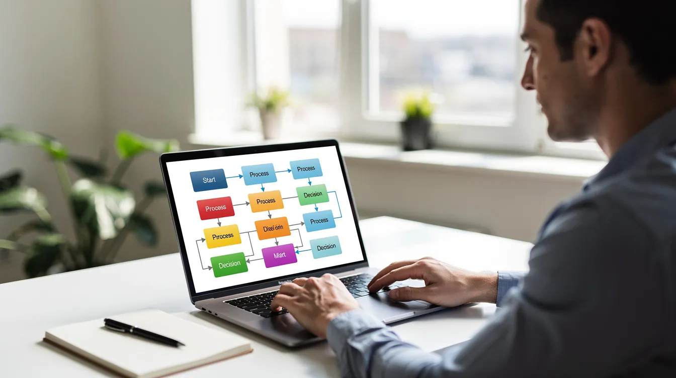 A person is sitting at a laptop in a bright workspace, with process flowcharts displayed on the screen, illustrating various business processes and workflows. This scene highlights the importance of business process management and modeling in improving organizational efficiency and performance.