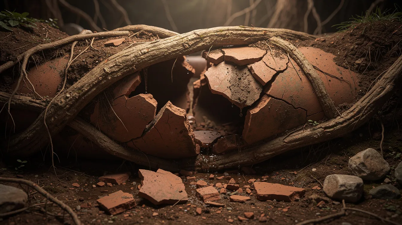 The image shows thick tree roots intertwining and growing through a cracked underground clay pipe, indicating a case of root intrusion that could lead to sewer line blockages. This situation highlights the importance of regular maintenance and inspection of the plumbing system to prevent sewage backups.