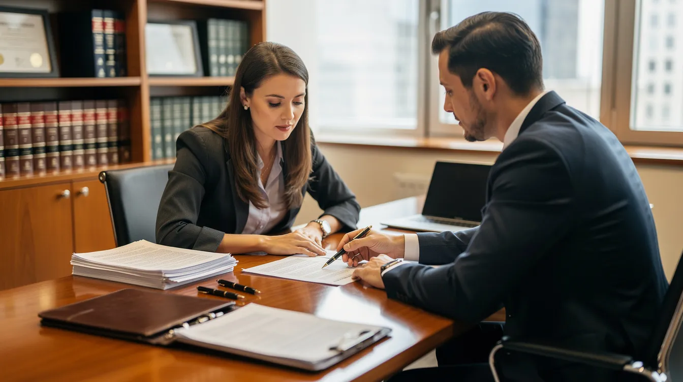 An attorney and a client are seated at a wooden conference table, closely reviewing paperwork related to a business acquisition. The scene reflects a professional environment where legal counsel is provided for complex transactions, ensuring informed decisions about the purchase agreements and financial records involved in the deal.