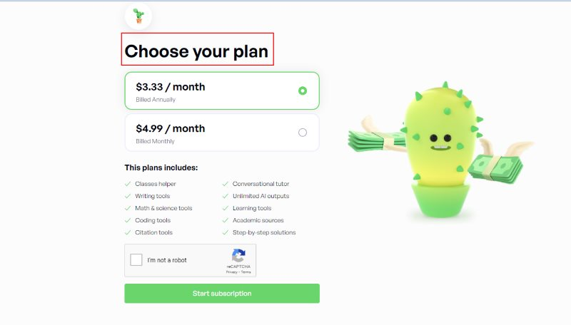 screenshot of caktusai pricing plan