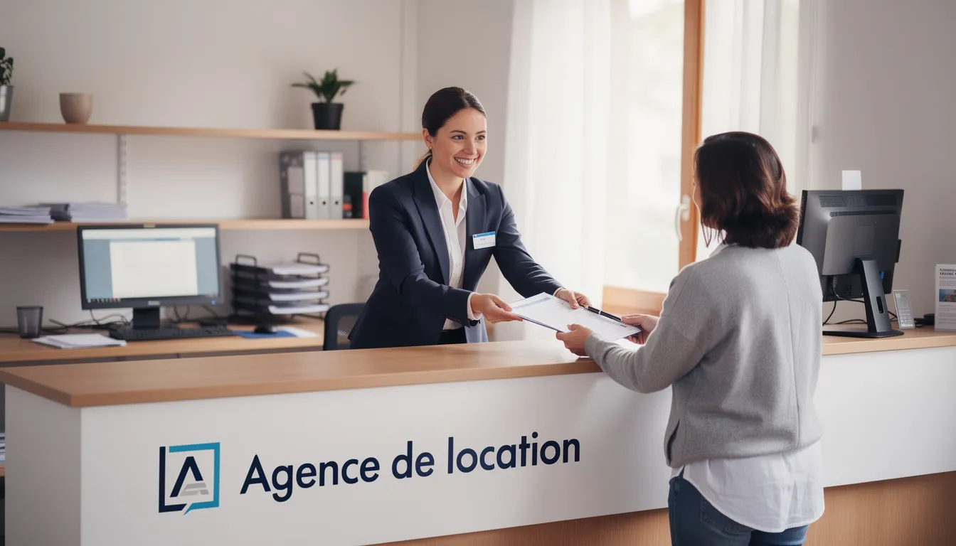 L'image montre un comptoir d'agence de location de voiture où un agent souriant présente des documents à un client. On peut sentir l'atmosphère conviviale et professionnelle, idéale pour discuter des options de rachat de franchise et d'assurance complémentaire pour le véhicule de location.