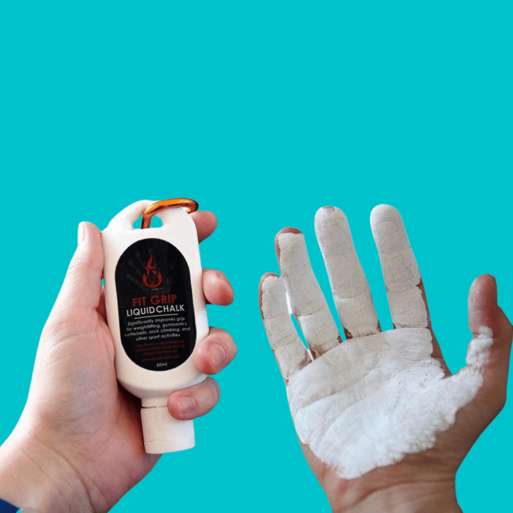 A person applying liquid chalk to their hands to improve their grip