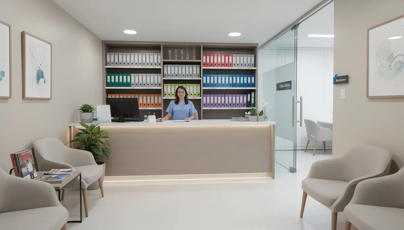 Área de recepción de una clínica médica que muestra un ambiente profesional y organizado, con sistemas de archivos que contienen expedientes clínicos y datos de pacientes. El espacio está diseñado para facilitar la atención y el cumplimiento de las normas de salud, garantizando un servicio eficiente y seguro.