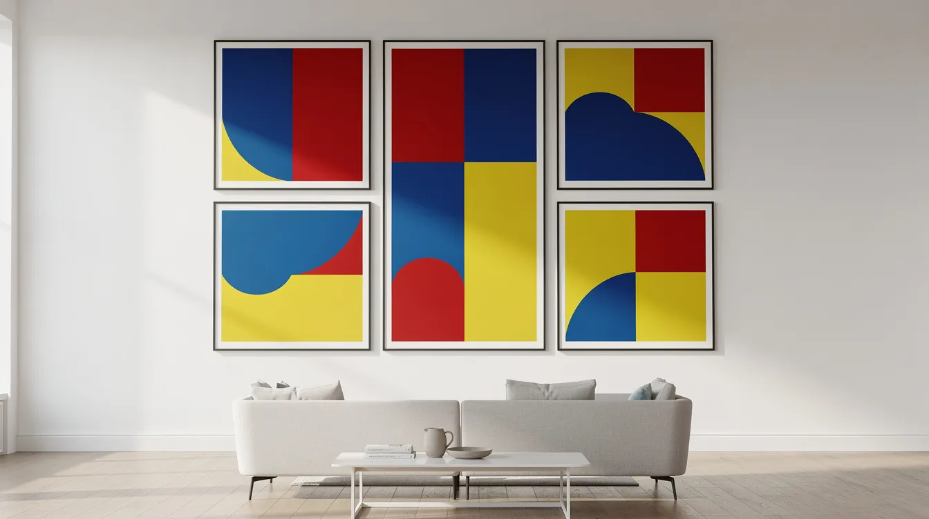 Die farbenfrohe Galeriewand zeigt großformatige Pop Art Gemälde in kräftigen Primärfarben wie Rot, Blau und Gelb auf einer weißen Wand. Diese Kunstwerke, die von der Pop Art Bewegung inspiriert sind, reflektieren die Alltagskultur und Konsumwelt der Mitte der 1950er Jahre.
