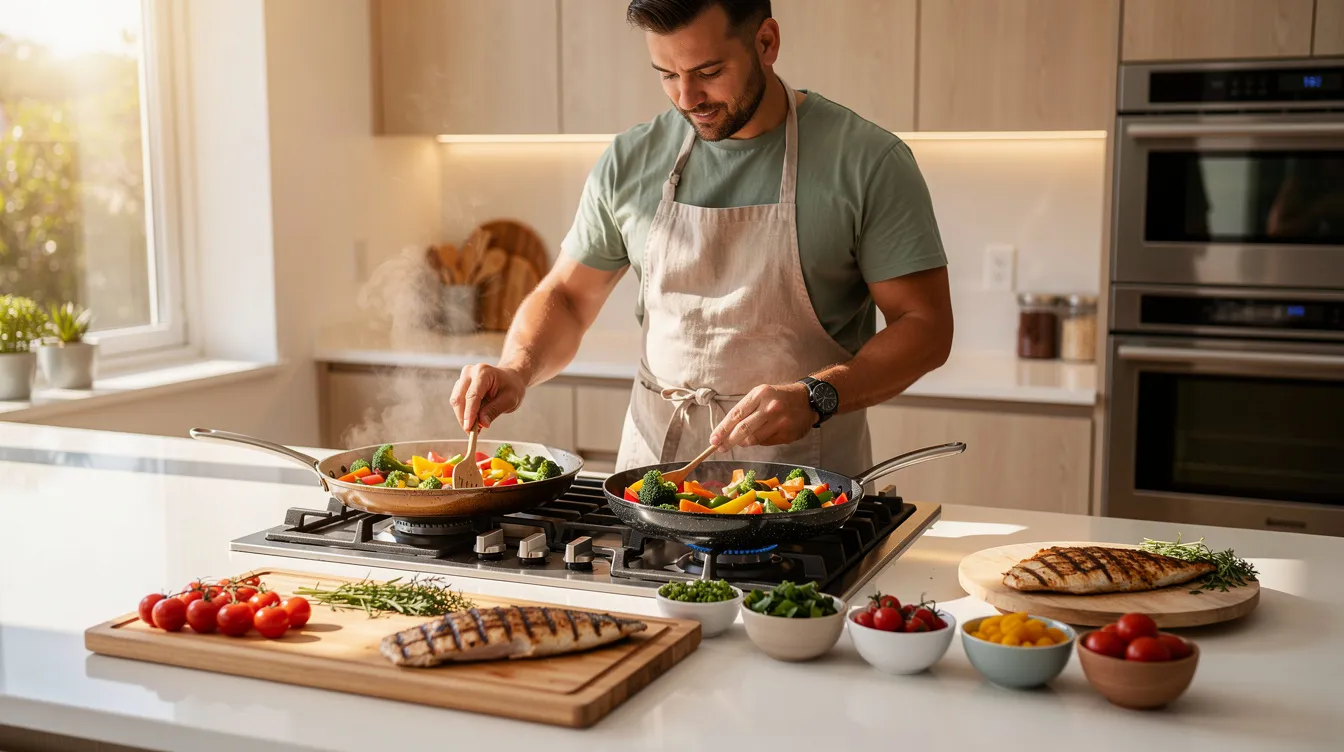 Diet and Men's Hormone Health: What Diet Can and Cannot Fix 1 A man is preparing a balanced meal in a bright kitchen, featuring an array of colorful vegetables and lean proteins, emphasizing the importance of a healthy diet for maintaining hormone health and managing hormonal imbalances. The scene highlights the connection between nutritious cooking and overall well-being, essential for regulating hormone levels and supporting men's health.