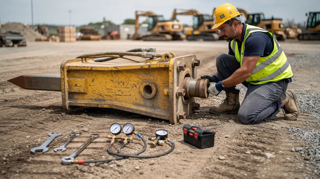 A technician is inspecting a hydraulic breaker attachment on the ground, surrounded by various tools and gauges, essential for ensuring the proper operation of the excavator hydraulic hammers used in demolition and construction tasks. The scene highlights the importance of quality maintenance and safety in handling powerful equipment designed for breaking concrete and hard rock.