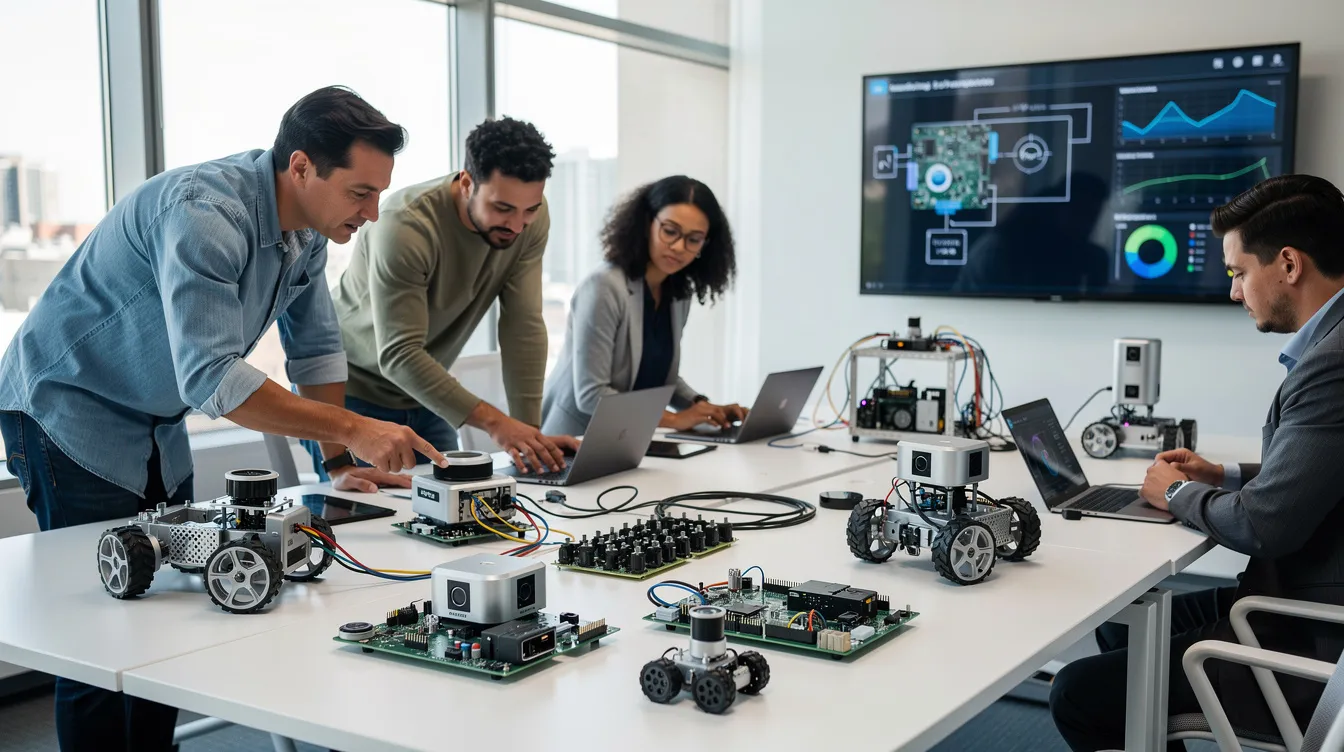 In a modern workspace, engineers are collaborating and reviewing components of autonomous systems, focusing on multi-agent orchestration and the integration of various AI agents. They are discussing task execution and coordination strategies to enhance the performance of complex workflows and ensure effective human oversight in the development of agentic AI solutions.