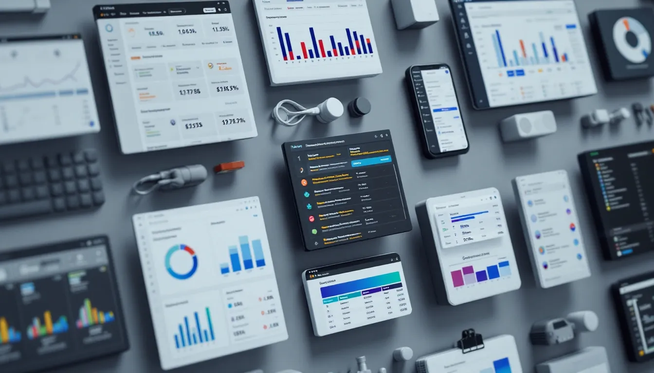 A comparison chart displays various accounting software interfaces on computer screens, highlighting features for small businesses such as expense tracking, financial reporting, and managing business bank accounts. This visual aids business owners in evaluating tools for effective bookkeeping and maintaining accurate financial records.