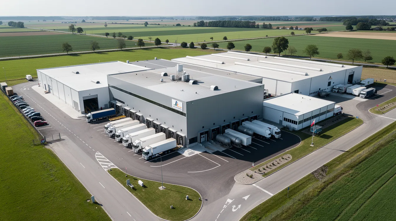An aerial view of a medium-scale dairy processing factory shows multiple loading docks and storage buildings, indicative of a ghee manufacturing plant. This facility is likely involved in the ghee production process, utilizing high-quality milk and raw materials for creating clarified butter and other dairy products.