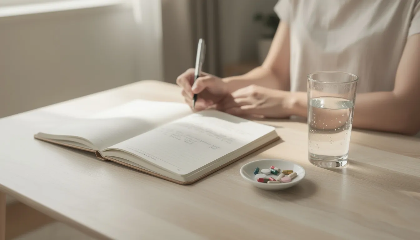 A person is sitting at a table, writing in a wellness journal, with a glass of water and nmn supplements nearby, emphasizing the importance of nmn supplementation for energy production and overall vitality. This scene highlights the practice of taking nmn for potential health benefits, including improved cellular health and cognitive function.