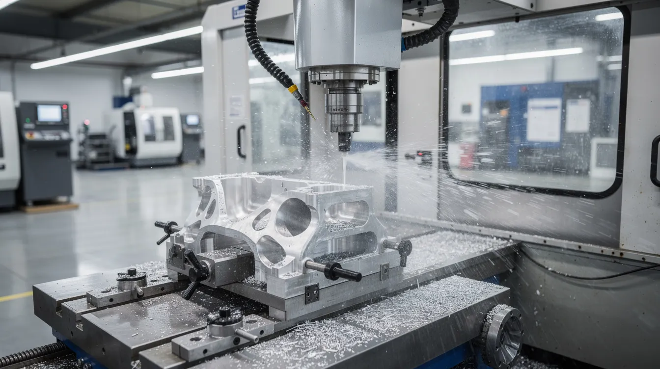 The image shows a multi-axis CNC milling machine in a modern factory, actively cutting an aluminum aerospace bracket, showcasing advanced CNC machining technology. This setup highlights the precision components and manufacturing processes essential for industries like aerospace and medical sectors, emphasizing the importance of quality control and reliable CNC machining services.