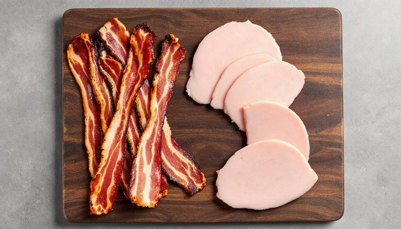 A wooden cutting board displays an assortment of processed turkey products, including turkey bacon, deli meat, and turkey sausage, all neatly arranged. These items can be a tasty treat for dogs, but it