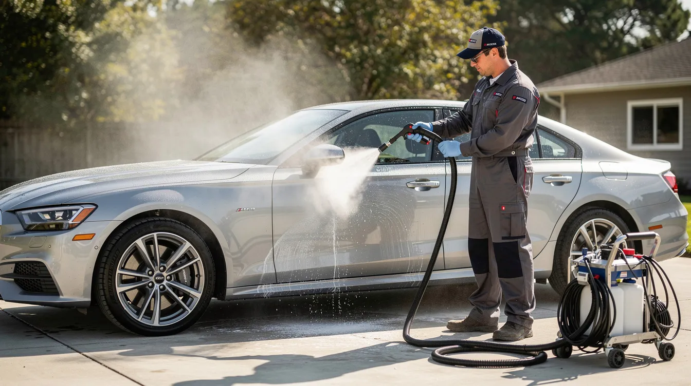 90305cd8 0e4e 4a5a 8cbb 476894d3f0a4 A person is steam-cleaning a silver car outdoors using professional detailing equipment, showcasing a valuable service in the automotive industry. This scene highlights the importance of maintaining vehicle cleanliness for car owners and presents an opportunity within the car wash business sector.