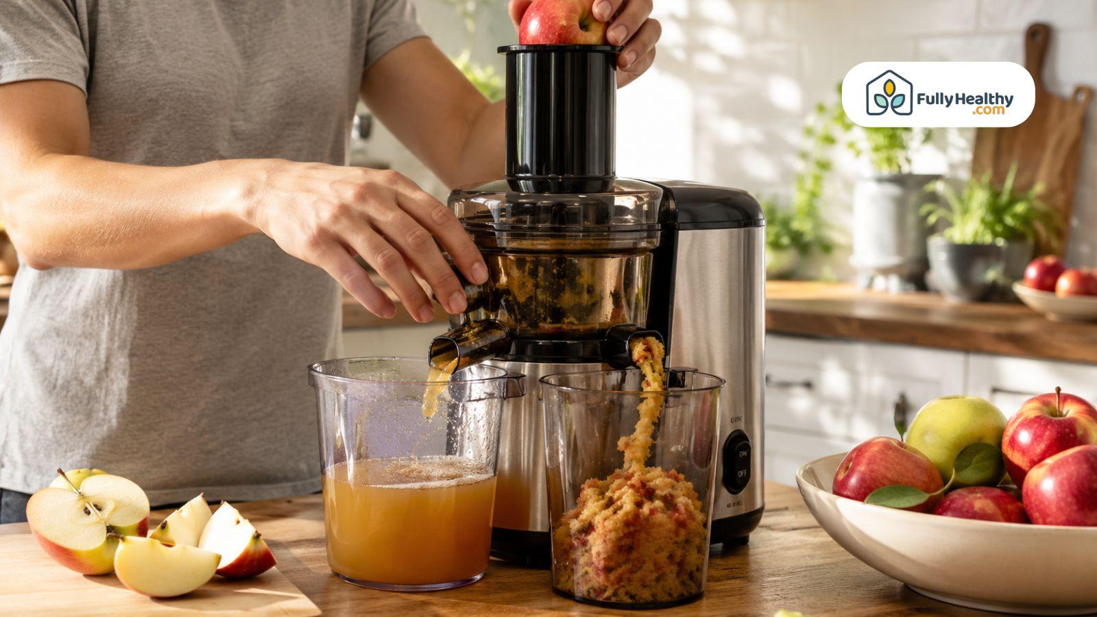 Person making fresh apple juice using a juicer in a bright natural kitchen.