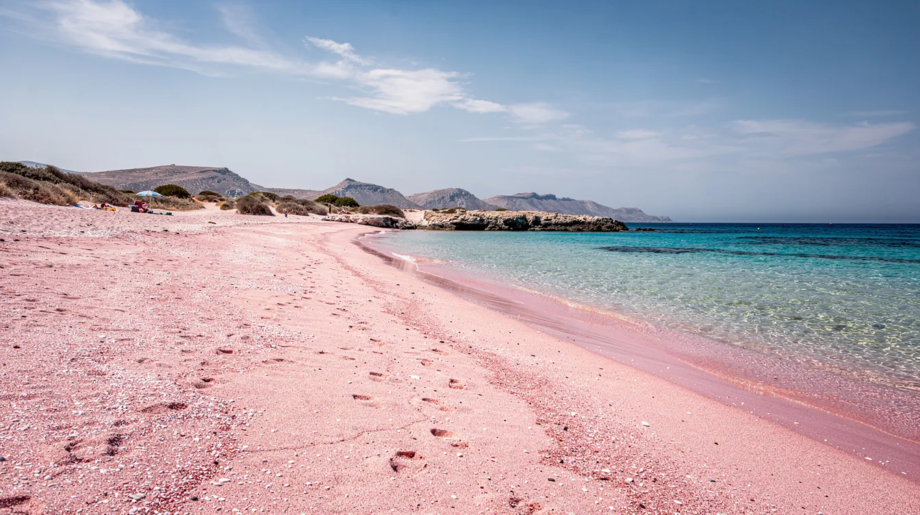 A imagem mostra a famosa praia de Elafonisi, localizada na ilha de Creta, Grécia. Com suas areias rosa e águas cristalinas, a praia é um destino popular para turistas que buscam beleza natural e tranquilidade.