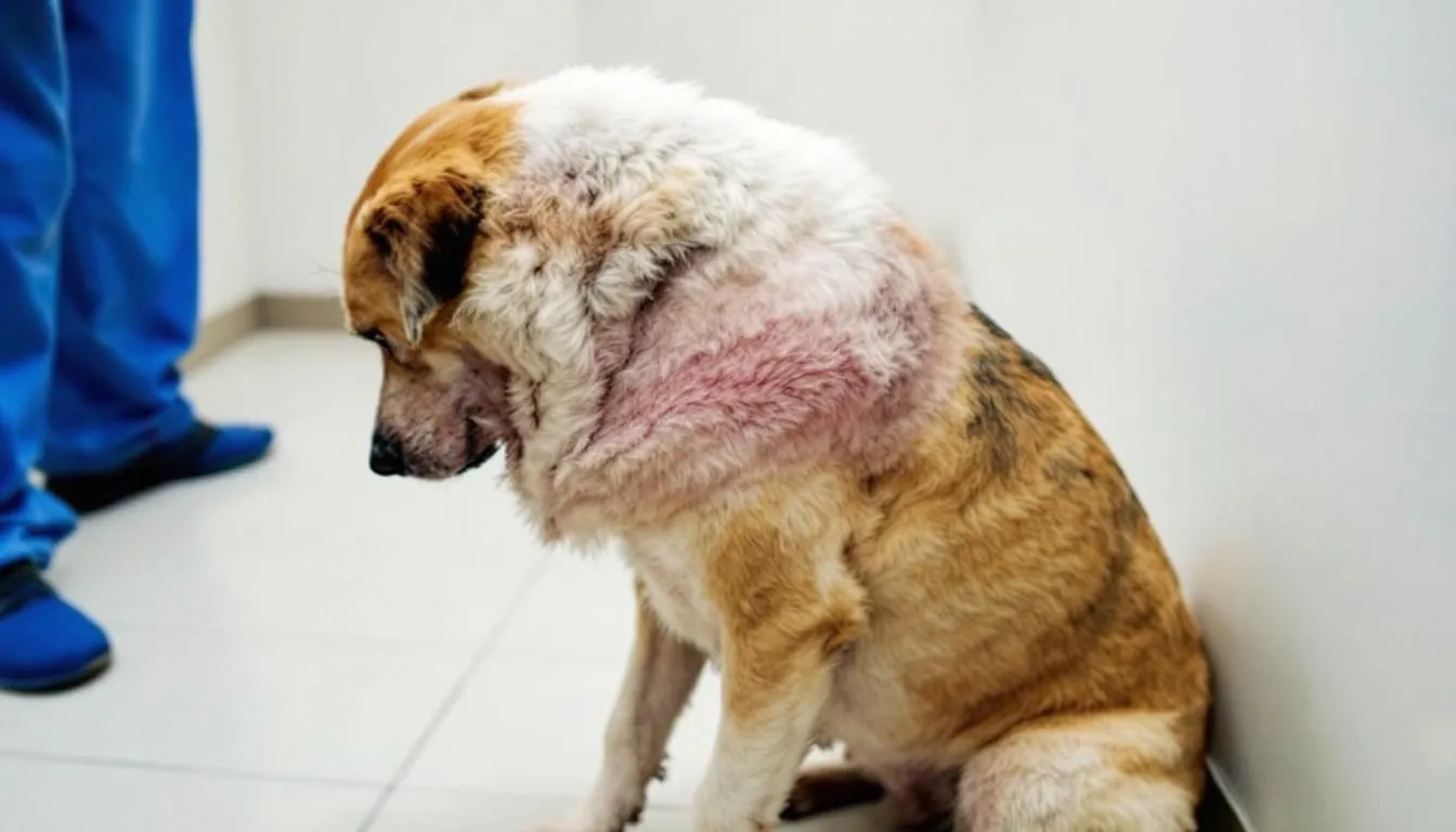 A dog exhibiting respiratory symptoms typical of kennel cough is shown in a hunched posture, with labored breathing and a noticeable runny nose. This highly contagious illness often affects dogs in close contact with other infected dogs, such as those in daycare facilities or dog parks.