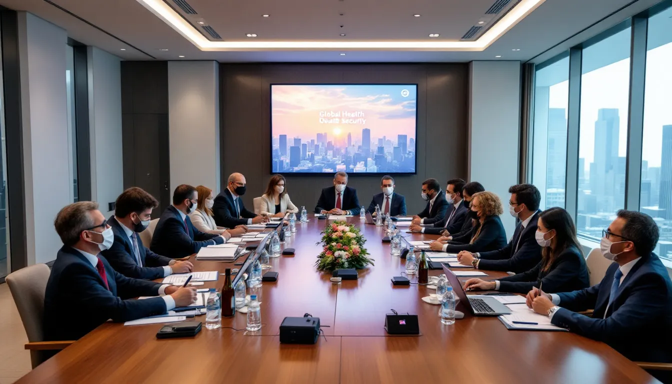 In an international conference room, representatives from various countries engage in a discussion about global health security challenges, focusing on infectious disease outbreaks and the importance of international health regulations. The meeting emphasizes collaboration and the need for improved health systems to effectively respond to acute public health events that endanger people's health worldwide.