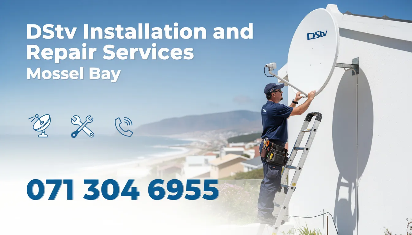 The image features a professional DStv installer working on a satellite dish installation in Mossel Bay, showcasing the technician fine-tuning the equipment for optimal reception. The text emphasizes the availability of accredited DStv installation and repair services, highlighting the contact number for immediate assistance.