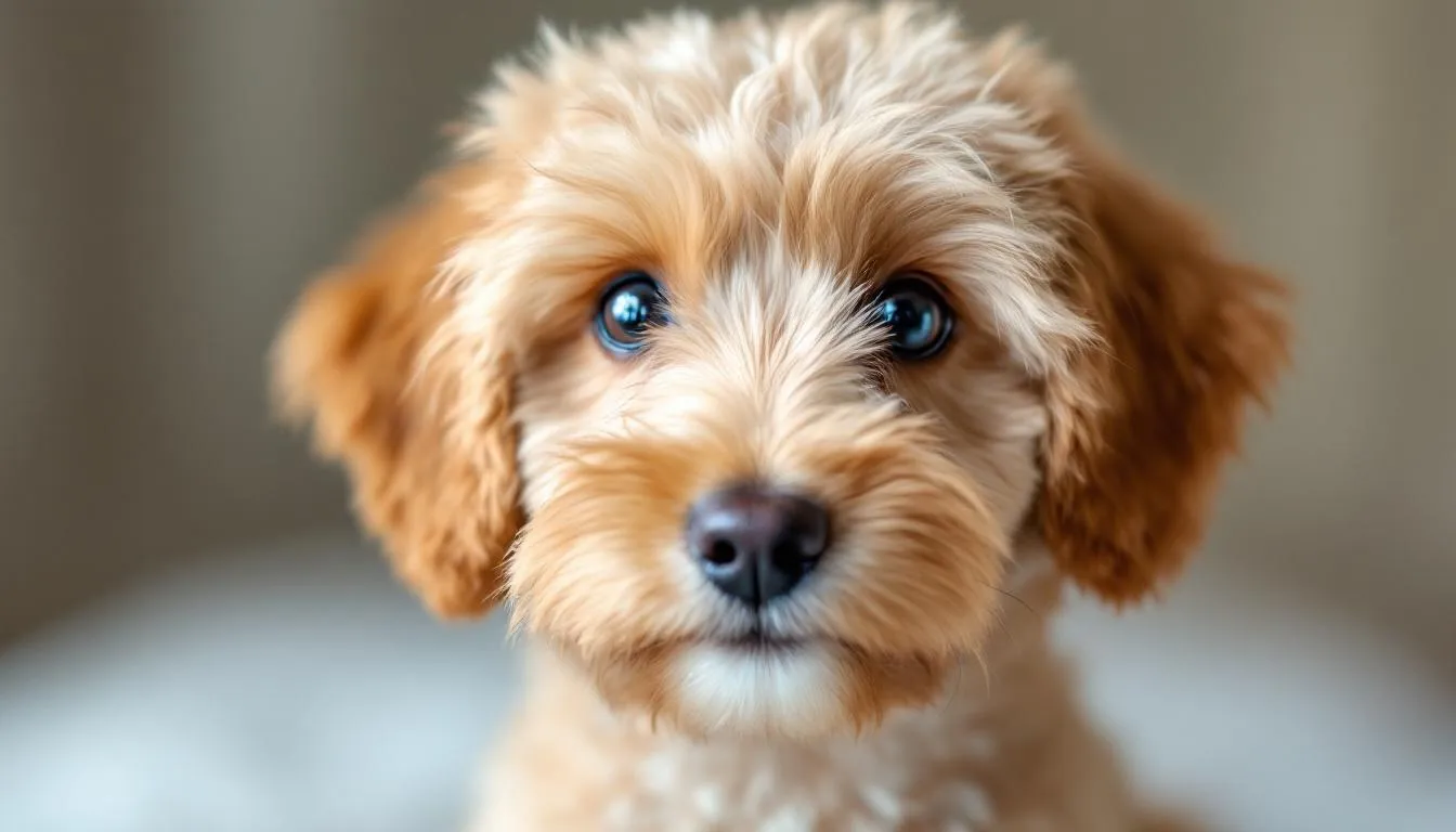 A close-up portrait of a micro teacup goldendoodle showcases its soft, curly coat and bright, expressive eyes, highlighting the charming features of this affectionate hybrid breed. This adorable pup embodies the hypoallergenic qualities and compact size that make micro goldendoodles a popular choice among dog lovers.