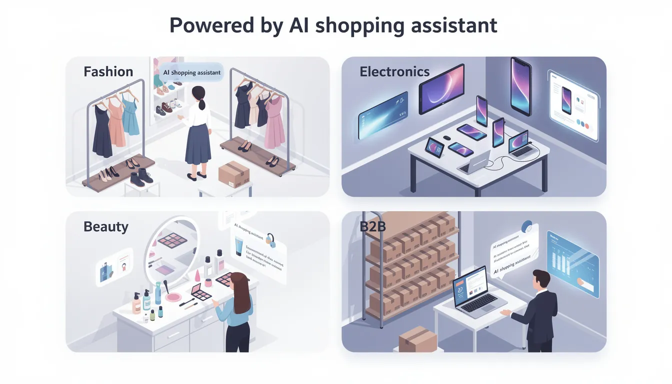The image features a grid layout showcasing various retail verticals including fashion, electronics, beauty, and B2B, each clearly labeled as powered by an AI shopping assistant. This visual emphasizes the role of artificial intelligence in enhancing online shopping experiences, improving customer engagement, and providing personalized product suggestions for online retailers.