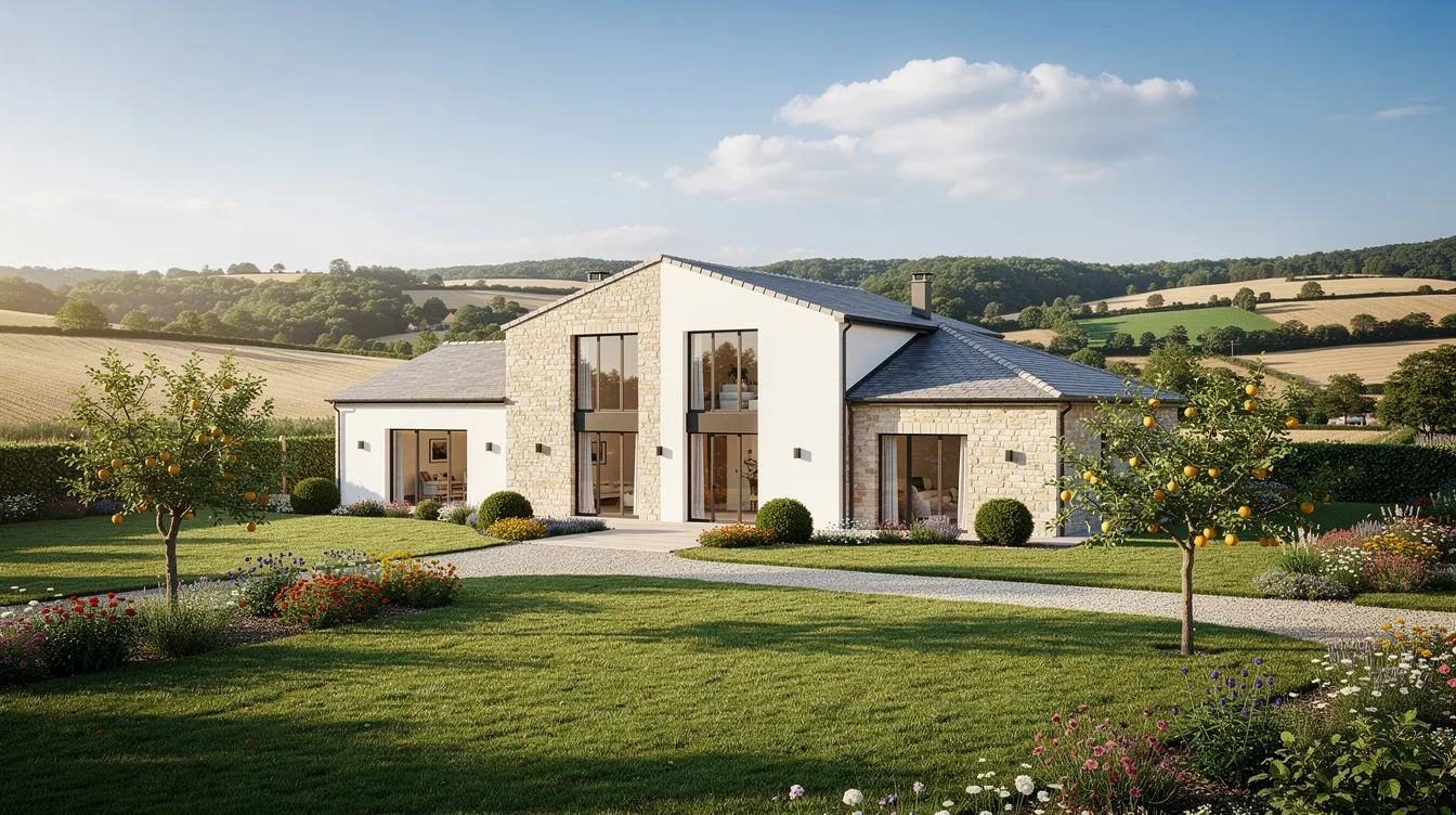 Une maison de campagne française moderne se dresse au milieu d'un jardin vert bien entretenu, avec des collines verdoyantes en arrière-plan. Ce cadre idyllique évoque des projets de rénovation et des aides financières pour améliorer l'habitat, tout en offrant un espace de vie agréable.