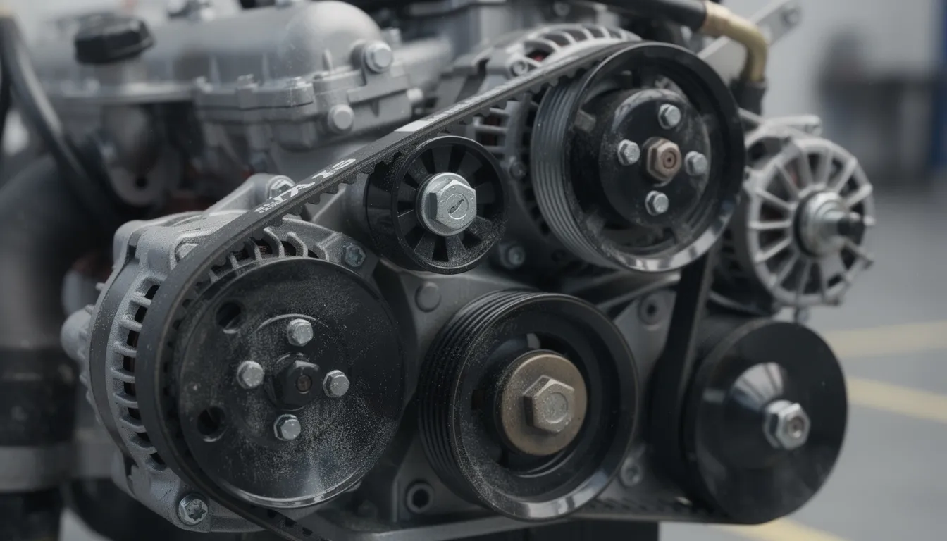 A close-up view of a car engine bay showcases a serpentine drive belt intricately wrapped around multiple pulleys, highlighting the essential components of the vehicle's accessory drive system. This image emphasizes the importance of regular maintenance and replacement of the belt to ensure optimal engine performance.