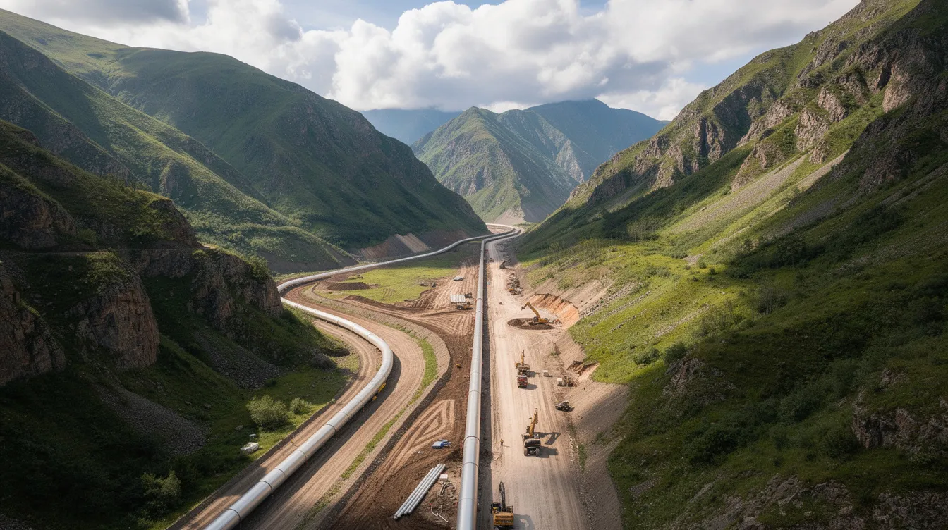 An aerial view captures a natural gas pipeline under construction, winding through rugged mountainous terrain and lush green valleys, set against a partly cloudy sky. This infrastructure project is part of the energy sector's efforts to enhance energy and infrastructure development.