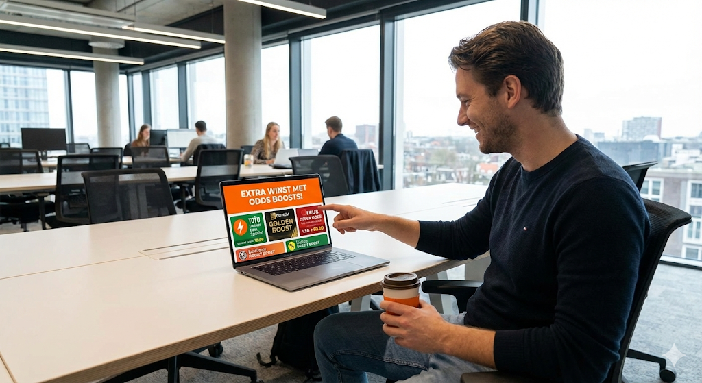 Man bekijkt extra winst met odds boosts bij legale online bookmakers in Nederland op laptop, met golden odds en verhoogde quoteringen voor online weddenschappen, voorbeeld van veilig wedden op sport onder toezicht van de Nederlandse Kansspelautoriteit sinds 2021.