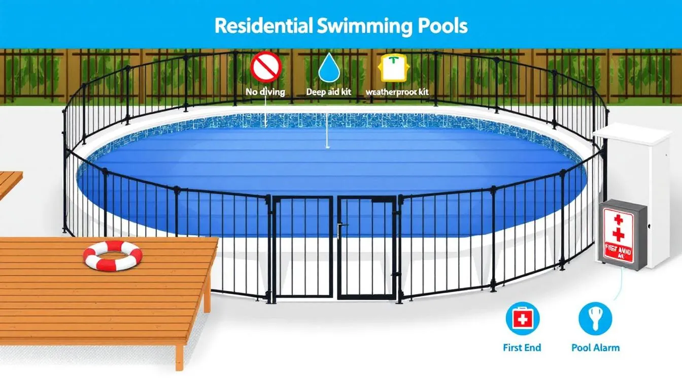 A residential swimming pool surrounded by safety measures, illustrating essential safety measures for pool owners.