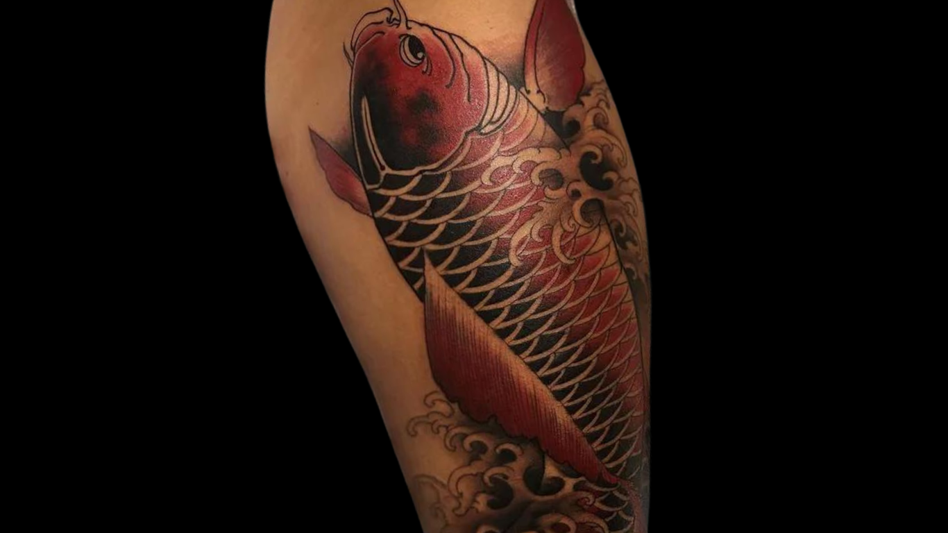 Japanese trad tattoo of a koi fish by Bill Canales.