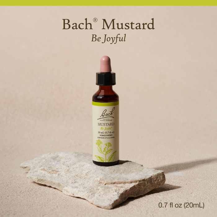 Bach Mustard remedy bottle with the text "Be Joyful."