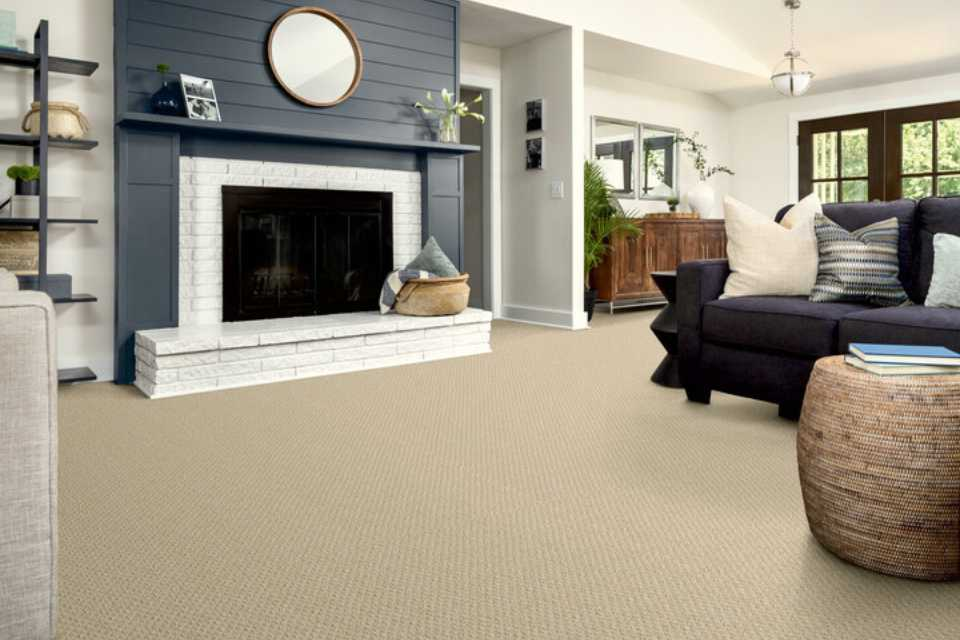 beige carpet in modern farmhouse living room