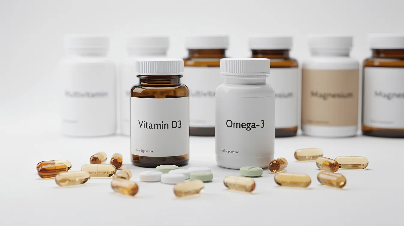 The image features an assortment of colorful supplement capsules and bottles arranged neatly on a clean white surface, highlighting various dietary supplements aimed at supporting cellular health and energy production. These supplements, including forms like nicotinamide riboside and nicotinamide mononucleotide, are often associated with potential benefits for healthy aging and overall well-being.