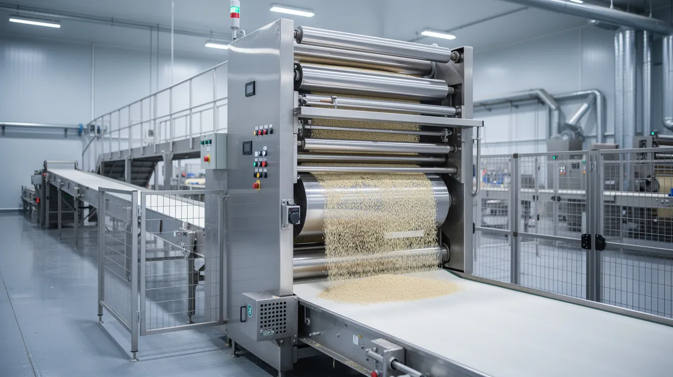 9046afad 276d 4ce1 9d29 ebd85a42c1d1 The image features industrial rice flaking machinery, including metal rollers and conveyor belts, situated inside a food processing factory. This setup is essential for the poha making process, showcasing equipment designed for high production capacity in the poha manufacturing business.