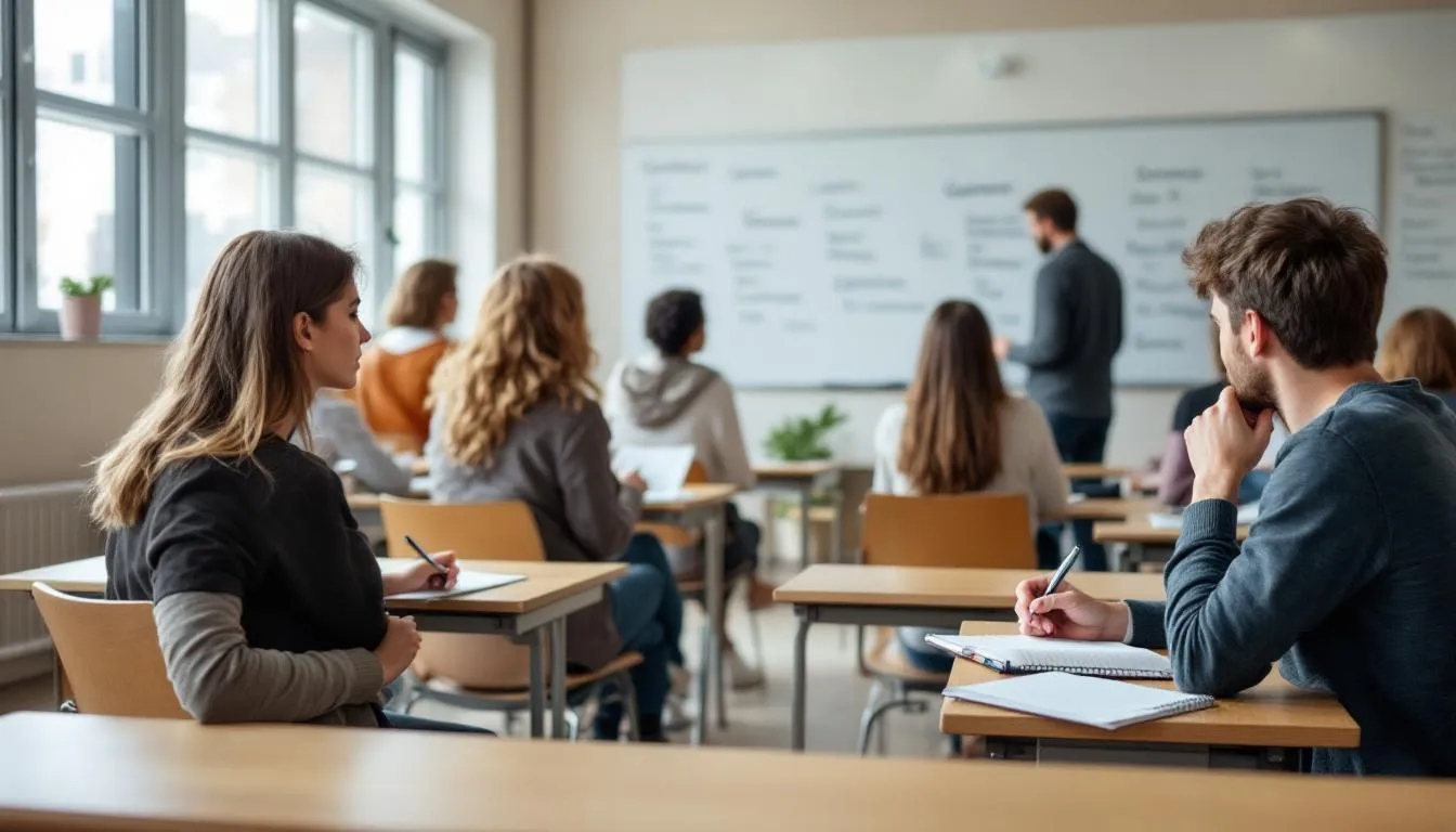 Un grupo de alumnos se encuentra en una clase aprendiendo alemán, con libros y materiales de estudio sobre la mesa. Están atentos a las explicaciones del profesor, mientras practican vocabulario y gramática del idioma.