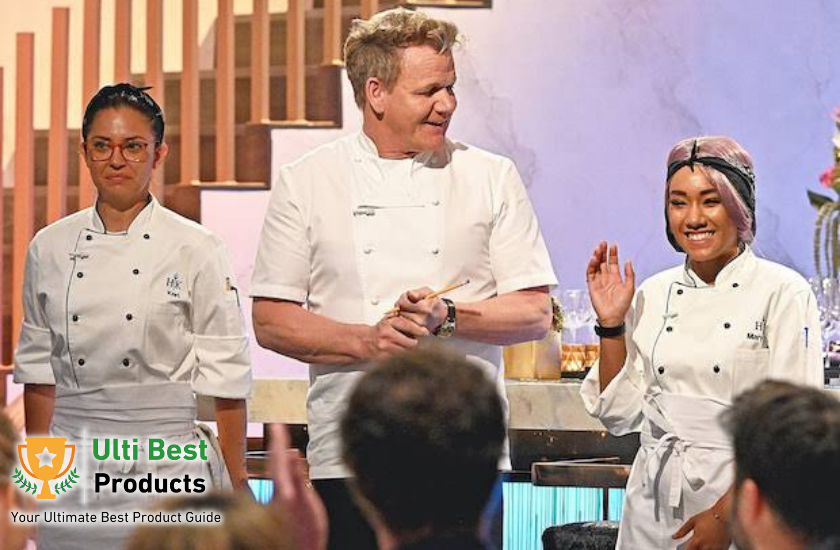 Gordon Ramsay standing with two contestants of the show