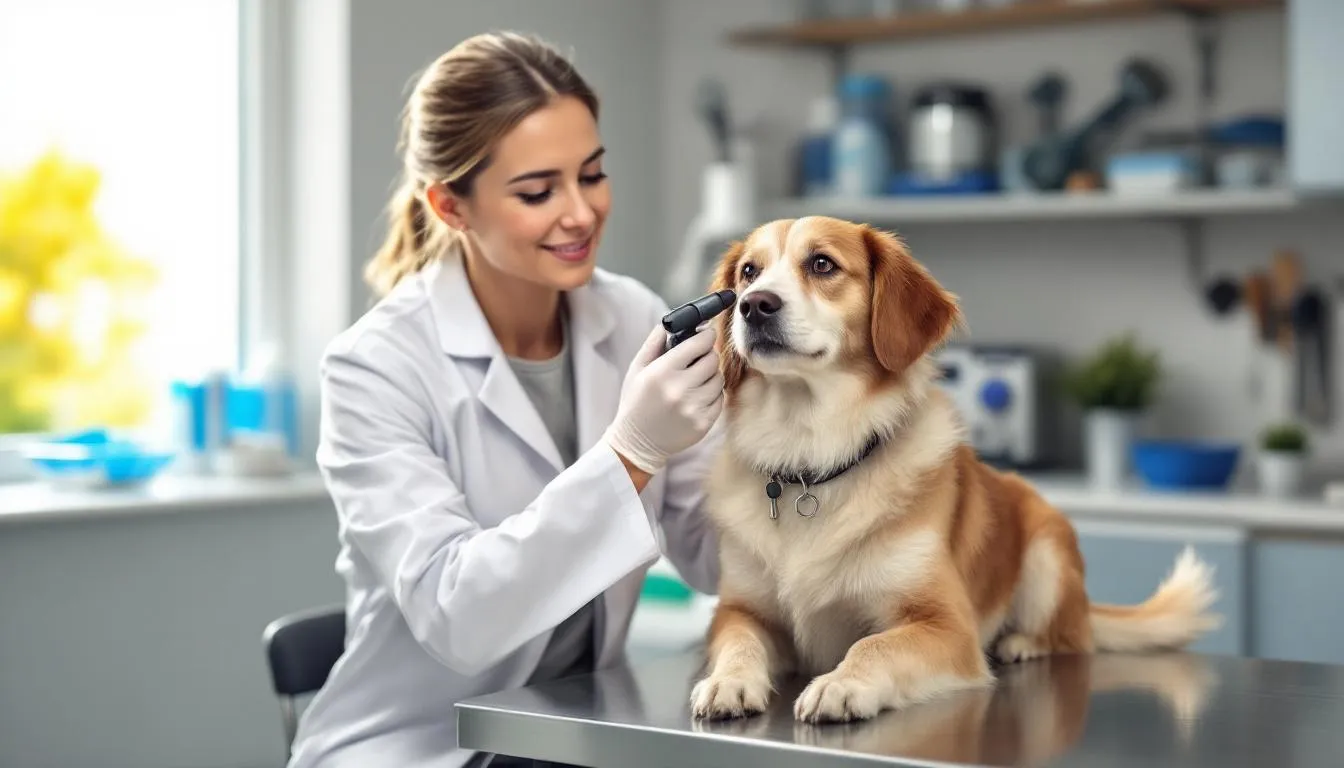 A veterinarian is gently examining a dog's ears, ensuring the dog's health and checking for any signs of ear infections or irritations. This careful examination is crucial for maintaining the dog's well-being, as many pet parents seek natural remedies like apple cider vinegar to soothe itchy skin and promote overall health.