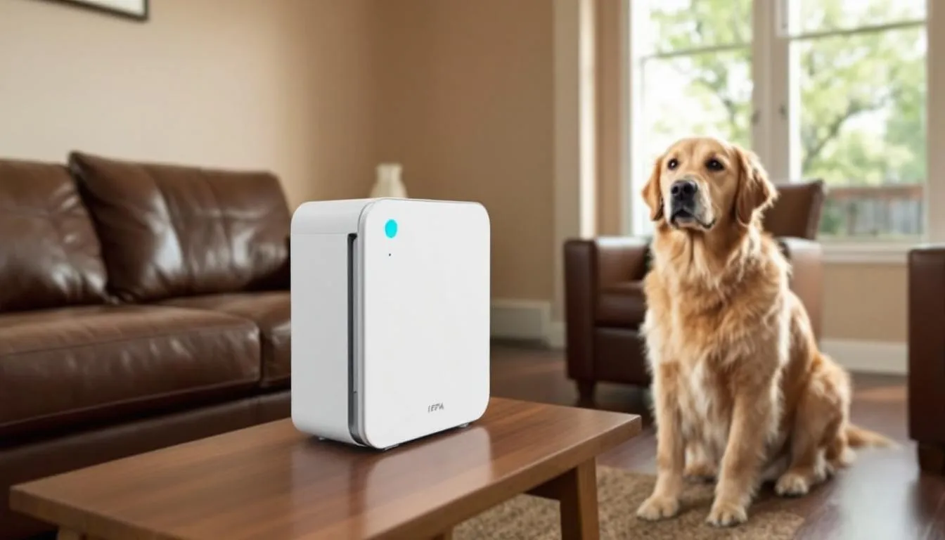 An HEPA air purifier is running in a cozy living room, with a dog sitting nearby, potentially benefiting from cleaner air to alleviate symptoms of dog eye allergies such as itchy eyes and redness. The air purifier helps reduce allergens that can trigger allergic reactions in both the dog and its owners.