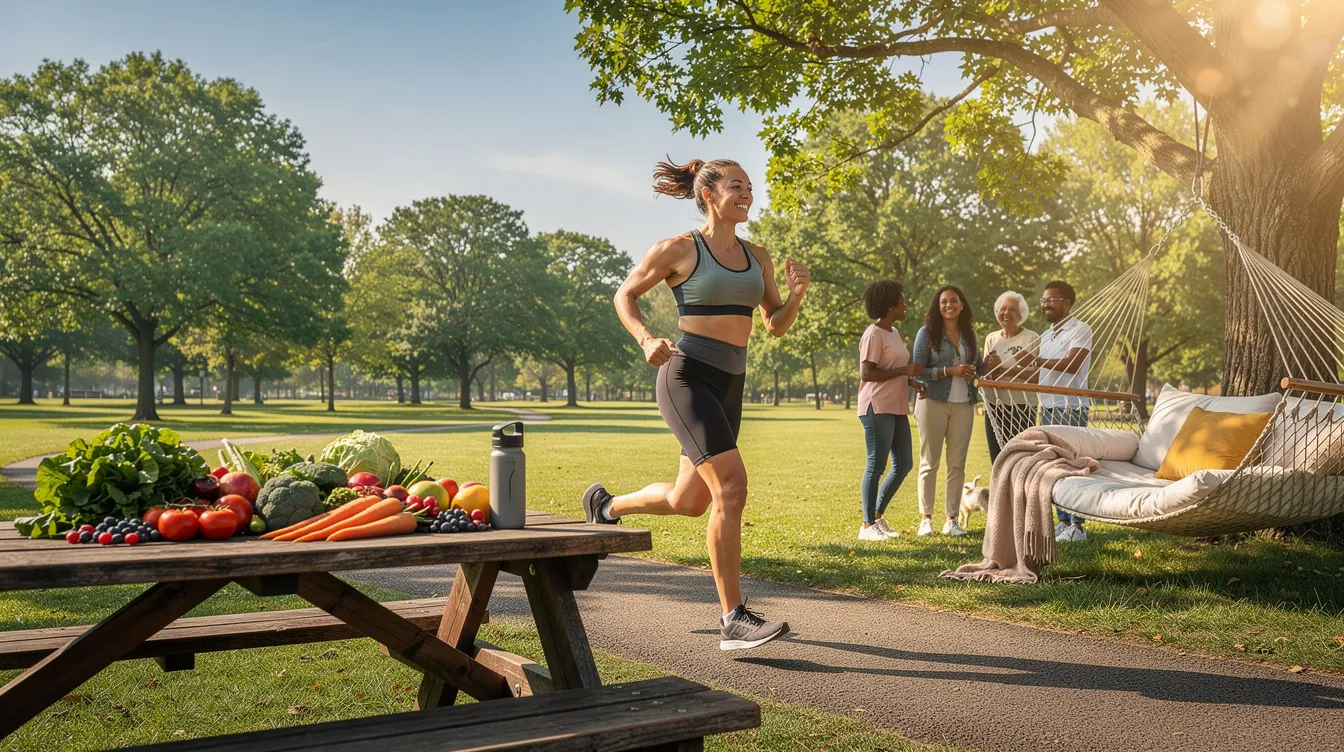 The image depicts a person exercising outdoors, surrounded by fresh vegetables and elements symbolizing restful sleep and social connection, illustrating the multiple pillars of cellular health that support healthy aging and combat age-related diseases. This scene emphasizes the importance of physical activity and a balanced lifestyle in maintaining immune health and eliminating senescent cells for overall well-being.