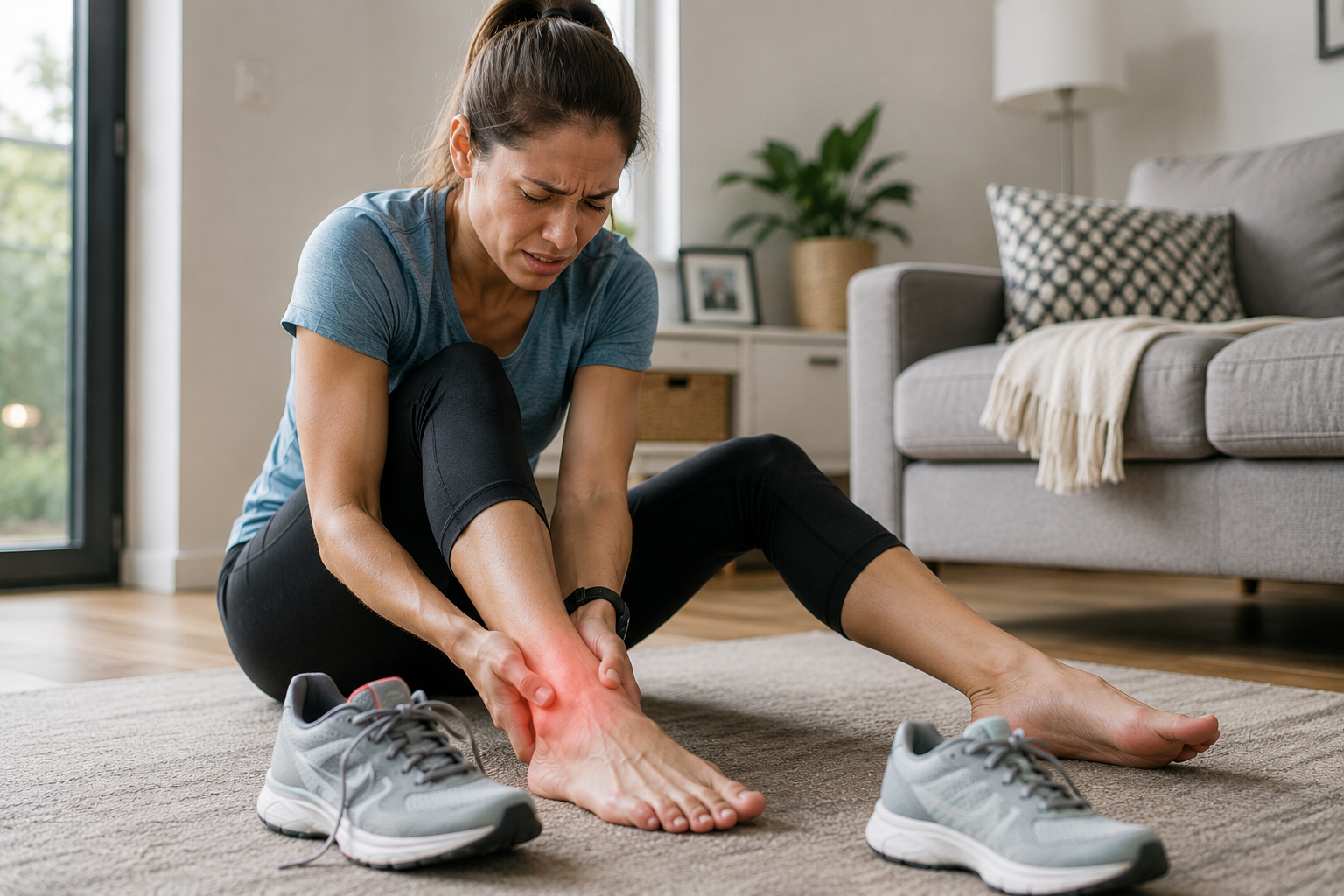 Woman recovering at home after exercise while holding a painful foot and ankle