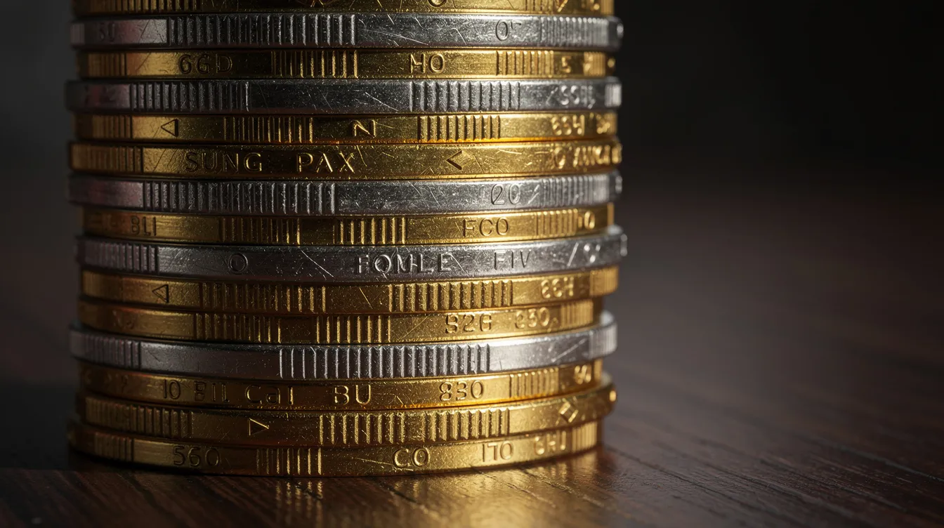 A stack of gold bullion and silver coins displayed on a dark wooden surface